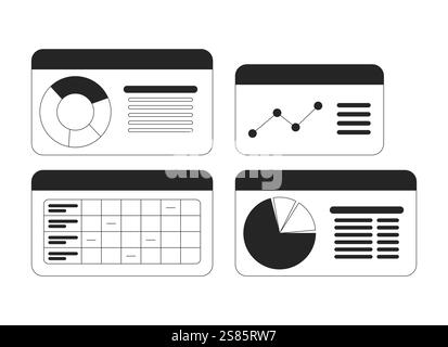 Business dashboard with pie charts and graphs black and white 2D line objects set Stock Vector