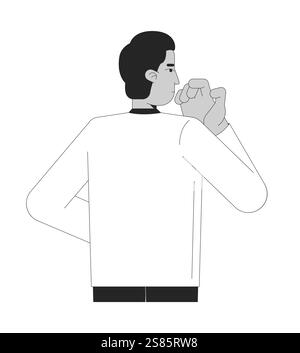 Thoughtful guy raising hand to mouth serious black and white 2D line character Stock Vector