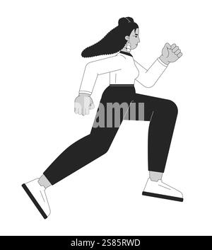 Hispanic professional woman running with determined expression black and white 2D line character Stock Vector