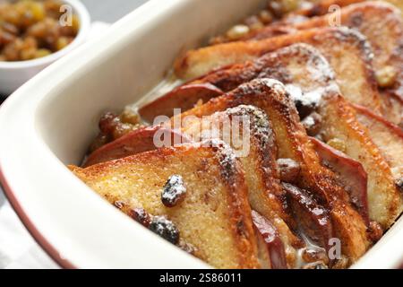 Freshly baked bread pudding in baking dish, closeup Stock Photo