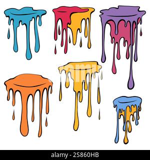 Vector contour graffiti style set of flowing down paint drips isolated from background. Collection of colorful oil stains for icons Stock Vector