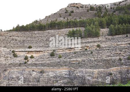 The Sierra of Albarracin, Teruel province, Spain, beautiful mountain range, on a cloudy day of winter Stock Photo