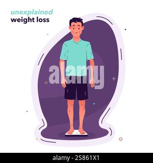 A man suffering from unexplained weight loss. Weight loss is a symptom of diabetes, depression, stress, and irritable bowel syndrome Stock Vector