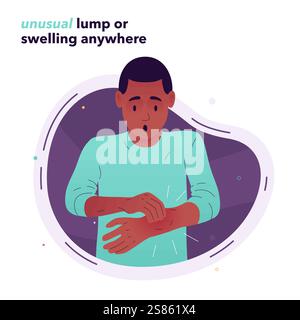 Vector illustration of a frightened man who examines his hand. The man found a swelling on his hand. Symptoms of lipoma, cysts, tumors, and cancer Stock Vector