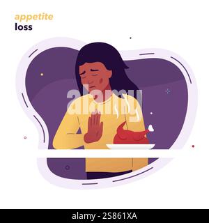 The girl does not want to eat because of loss of appetite. Vector illustration of a girl who refuses to eat. The impact of stress on human health Stock Vector
