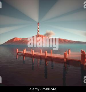 Lighthouse on seashore. Signal building on seaside.  Hope symbol, expectation, solitude concept. This is a 3d render illustration Stock Photo