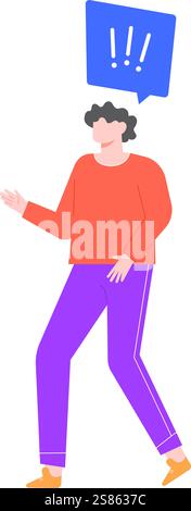 Casual dressed young man is gesturing with his hand and showing exclamation points in a speech bubble, expressing surprise, warning, or excitement Stock Vector