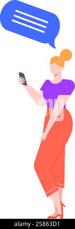Office worker holding mobile phone and sending a text message or voice note, chatting online with colleagues and friends using instant messaging app Stock Vector