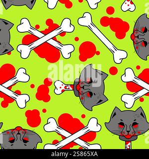 Zombie Cat Head pattern seamless. Dead Cat Head With Bone background. Modern Fashion texture Stock Vector