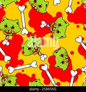 Zombie Cat Head pattern seamless. Dead Cat Head With Bone background. Modern Fashion texture Stock Vector