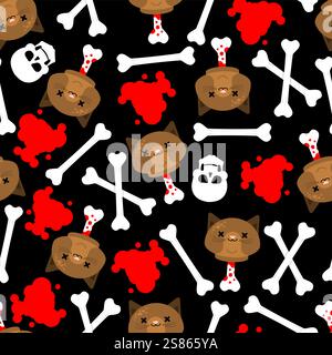 Zombie Cat Head pattern seamless. Dead Cat Head With Bone background. Modern Fashion texture Stock Vector