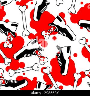 Severed foot in shoe pattern seamless. Bbone sticks out of sneaker background. Stock Vector