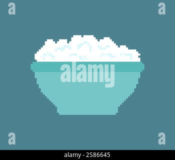 Cottage cheese in bowl pixel art. 8 bit Dairy product Stock Vector