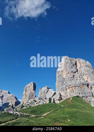 Sharp and towering rock peaks Dolomites rise dramatically against sky ...