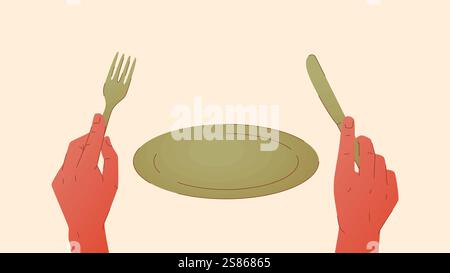 Empty plate and hands holding fork and knife. Concept representing food shortage, hunger, poverty and rising prices Stock Vector