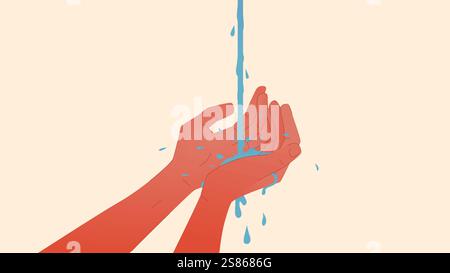 Vector illustration of hands under running water. Concept representing drinking water shortages and pollution Stock Vector