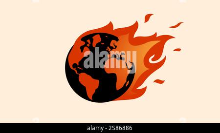 Vector illustration of the planet Earth on fire. A simple concept illustration representing massive wildfires, record temperatures and global warming Stock Vector