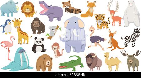 Cute Cartoonish Wild Animals Vector Illustration Set Isolated On A White Background. Stock Vector