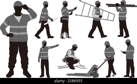 Construction Workers Vector Monochrome Illustration Set Isolated On A White Background. Stock Vector