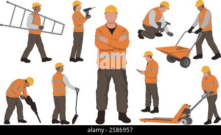 Construction Workers Vector Flat Illustration Set Isolated On A White Background. Stock Vector