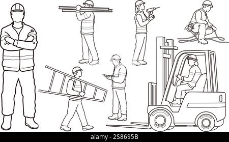Construction Workers Vector Flat Illustration Set Isolated On A White Background. Stock Vector