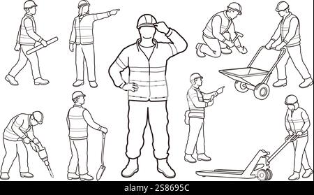 Construction Workers Vector Flat Illustration Set Isolated On A White Background. Stock Vector