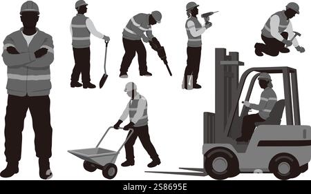 Construction Workers Vector Monochrome Illustration Set Isolated On A White Background. Stock Vector