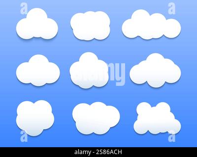 White colour cloud shining in Blue sky background. Cloud icon, cloud shape. Different shapes clouds gradient and 3d design.Design for element for logo Stock Vector