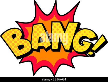 Vibrant yellow bang explosion text bursting with halftone dots emerges from a striking red and orange starburst, outlined in black, set against a Stock Vector