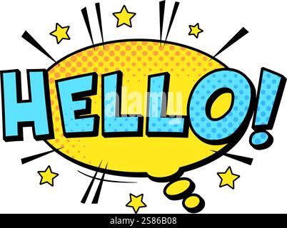 Comic style Hello text emerging from a speech bubble, adorned with stars and halftone dots. Perfect for greeting cards, social media posts, or website Stock Vector