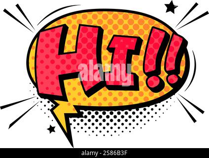 Colorful comic book explosion featuring a new character greeting with a cheerful hi, surrounded by vibrant stars and playful dots in a dynamic Stock Vector