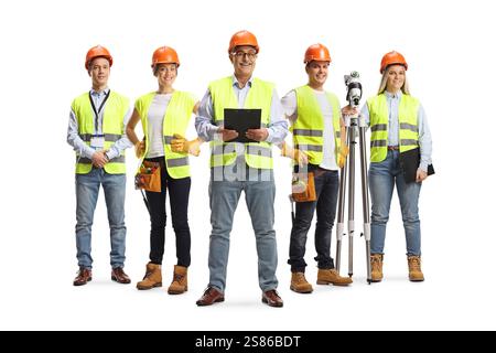 Group of male and female engineers and construction workers isolated on white background Stock Photo