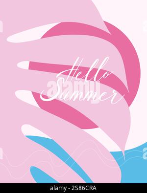 Pink vertical poster Hello Summer with sun, palm leaf and sea, card flyer in pink blue colors boho style. Vector illustration Stock Vector