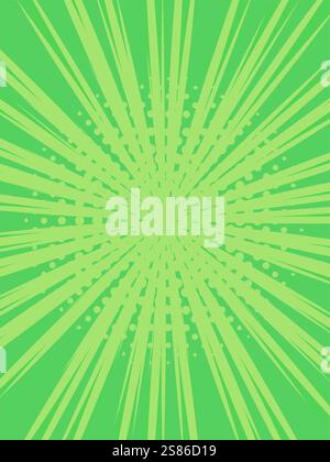 Vibrant green comic book cartoon background featuring radiating speed lines and halftone dots, creating an energetic burst of motion and dynamic Stock Vector