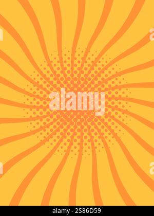 Vibrant orange and yellow pop art background featuring a radial dotted halftone pattern and swirling lines, creating a dynamic and energetic visual Stock Vector