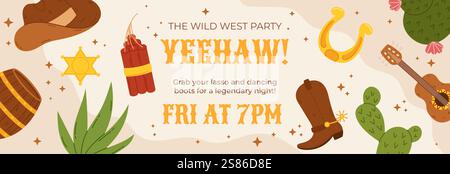 Wild West-themed party horizontal banner invitation featuring cowboy hats, boots, cacti, a sheriff badge, and western props on a festive background Stock Vector
