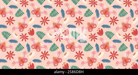 Delicate Seamless Butterfly and Floral Pattern with Hand-Drawn Botanical Elements in Soft Pastel Tones on Light Beige Background Ideal for Fabric, Wra Stock Vector