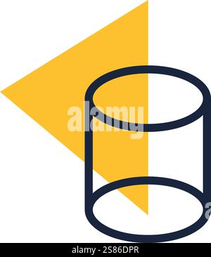 Minimalist image featuring a dark blue outlined cylinder partially overlaid by a vibrant yellow triangle, creating a modern and abstract composition Stock Vector