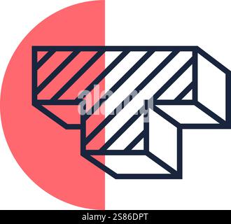 Geometric figure creating an impossible object with diagonal lines and a red circle, forming an optical illusion that challenges perception and Stock Vector