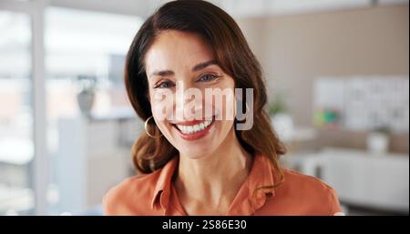 Portrait, smile and woman as interior designer in workplace, real estate and property renovation. Confident, female decorator and consultant with Stock Photo
