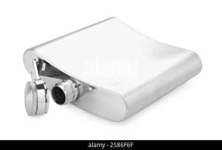 One metal hip flask isolated on white Stock Photo