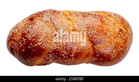 Easter bread greek tsoureki braid isolated on white, Sweet brioche with sesame seeds top view Stock Photo