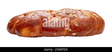 Easter bread greek tsoureki braid isolated on white. Sweet brioche overhead Stock Photo