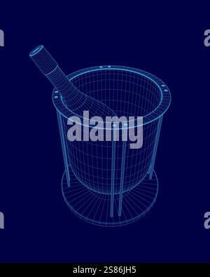 Blue image of a wine glass with a wine stopper in it. The wine glass is sitting on a table Stock Vector