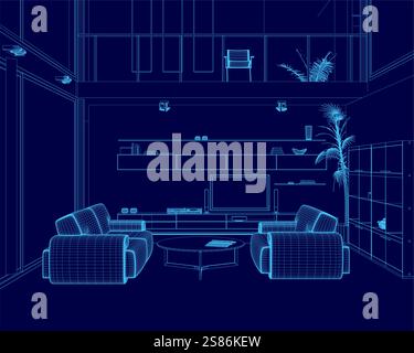 Blue drawing of a living room with two couches and a coffee table. The room has a modern and minimalist design, with a potted plant and a few books sc Stock Vector