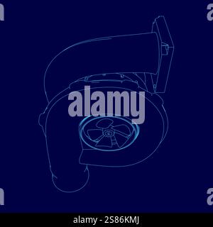 Blue drawing of a car turbo part of engine with a fan on top. The fan is spinning and the engine is shown in a close up Stock Vector