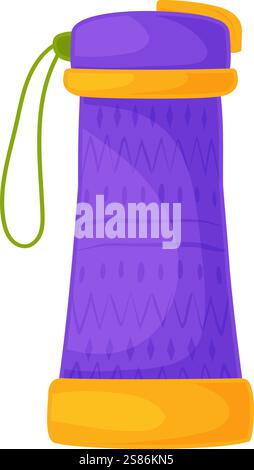 Colorful illustration of a purple thermos bottle with orange accents and a green strap, ideal for camping or travel themes. Stock Vector