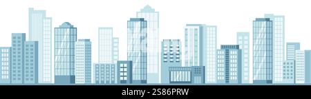 Cityscape background. City buildings, urban landscape with street. Modern architectural panorama in flat style. Vector illustration horizontal wallpap Stock Vector