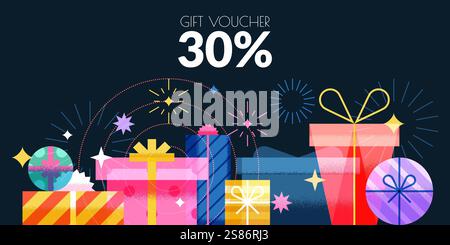 Colorful transparent gift boxes and fireworks on black background. Vector geometric flat illustration. Sale promotion banner, poster, birthday greetin Stock Vector