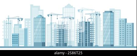 Cityscape with tower cranes and buildings under construction against the backdrop of high-rise buildings Stock Vector